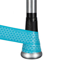 Close-up of a metallic baseball bat handle with a flared Lizard Skins Bat Taper - Flared: BATTF100, wrapped in blue, textured grip tape with polka dots and Lizard Skins branding for improved control and comfort.