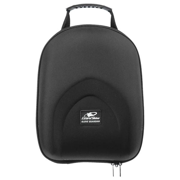 The Lizard Skins Glove Guardian - Single (BAGGS100) is a black, crush-proof glove case made from durable 600D polyester with a handle. Its zippered hard-shell design protects your baseball or softball glove and features the Lizard Skins logo on the front.