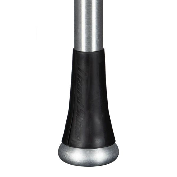 Close-up of the Lizard Skins Bat Taper - Flared (BATTF100) installed on a metal bat, featuring a black rubber grip and silver knob, designed by Lizard Skins for enhanced bat control.
