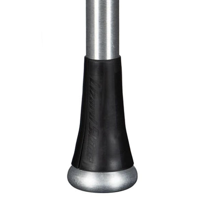 Close-up of the Lizard Skins Bat Taper - Flared (BATTF100) installed on a metal bat, featuring a black rubber grip and silver knob, designed by Lizard Skins for enhanced bat control.