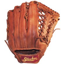 The Shoeless Joe 12.5" Baseball Glove (1250MT) is a brown leather fielder’s glove with visible stitching, laces, and a red and yellow Shoeless Joe patch near the wrist—showcasing classic style.