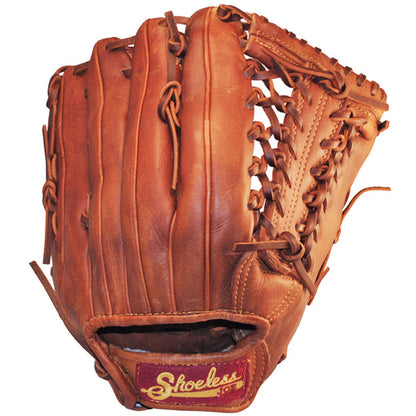 The Shoeless Joe 12.5" Baseball Glove (1250MT) is a brown leather fielder’s glove with visible stitching, laces, and a red and yellow Shoeless Joe patch near the wrist—showcasing classic style.
