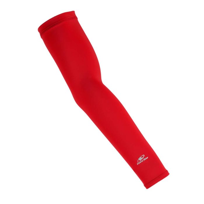 The Lizard Skins Lizark Skins Performance Arm Sleeve: ARMS5000 in scarlet, featuring a small white logo near the wrist, is shown as a single youth-sized sleeve on a plain white background.