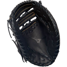 The Mizuno MVP Prime 12.5" First Base Mitt (GXF50PB4) is a black Bio Soft Leather glove with visible stitching, an open web, and the Mizuno logo inside the palm.
