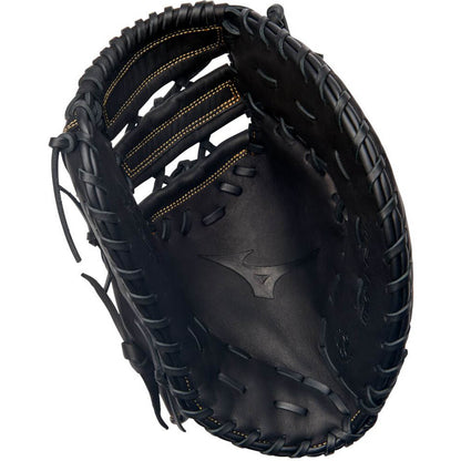 The Mizuno MVP Prime 12.5" First Base Mitt (GXF50PB4) is a black Bio Soft Leather glove with visible stitching, an open web, and the Mizuno logo inside the palm.