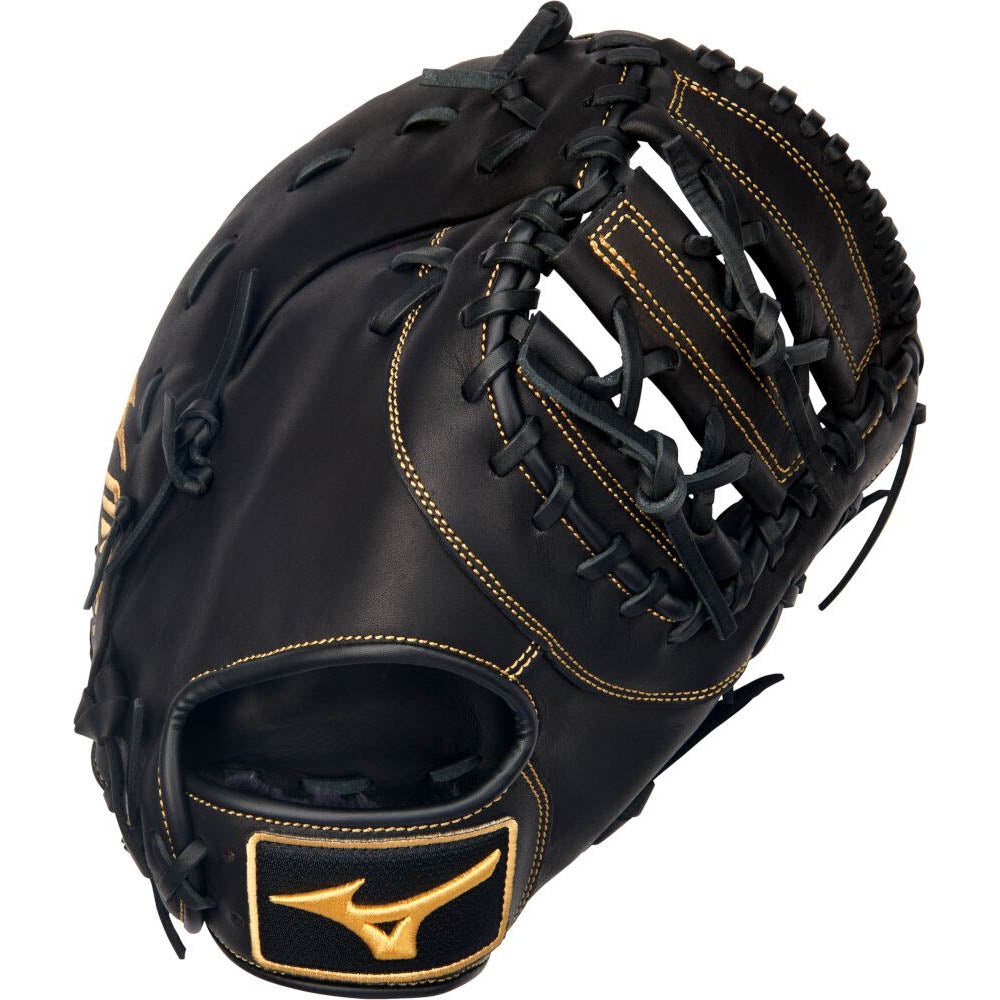 The Mizuno MVP Prime 12.5" Baseball First Base Mitt (GXF50PB4) by Mizuno, crafted from Bio Soft Leather with gold stitching and a Mizuno logo on the wrist strap, is shown at an angle.