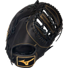 The Mizuno MVP Prime 12.5" Baseball First Base Mitt (GXF50PB4) by Mizuno, crafted from Bio Soft Leather with gold stitching and a Mizuno logo on the wrist strap, is shown at an angle.