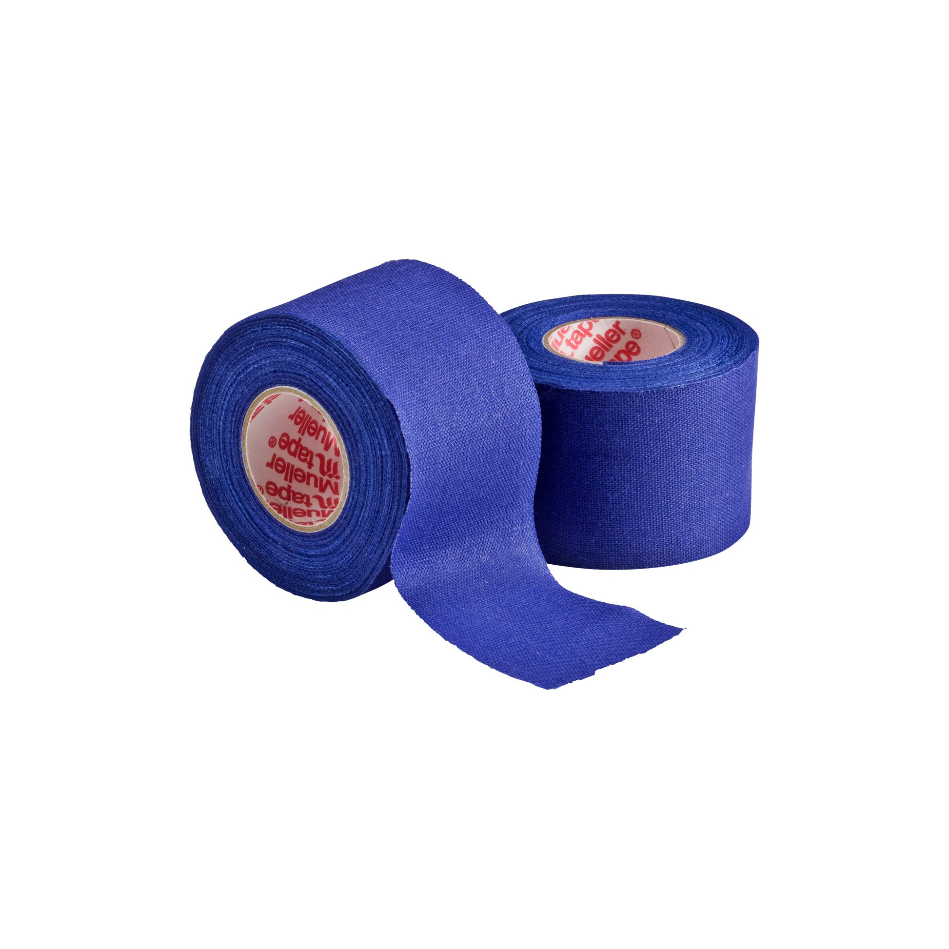 Two rolls of Mueller M Tape Athletic Tape by Mueller—one upright, one partly unrolled to show textured cotton backcloth. Red writing on white tape cores. MTAPE is ideal for sports medicine applications.