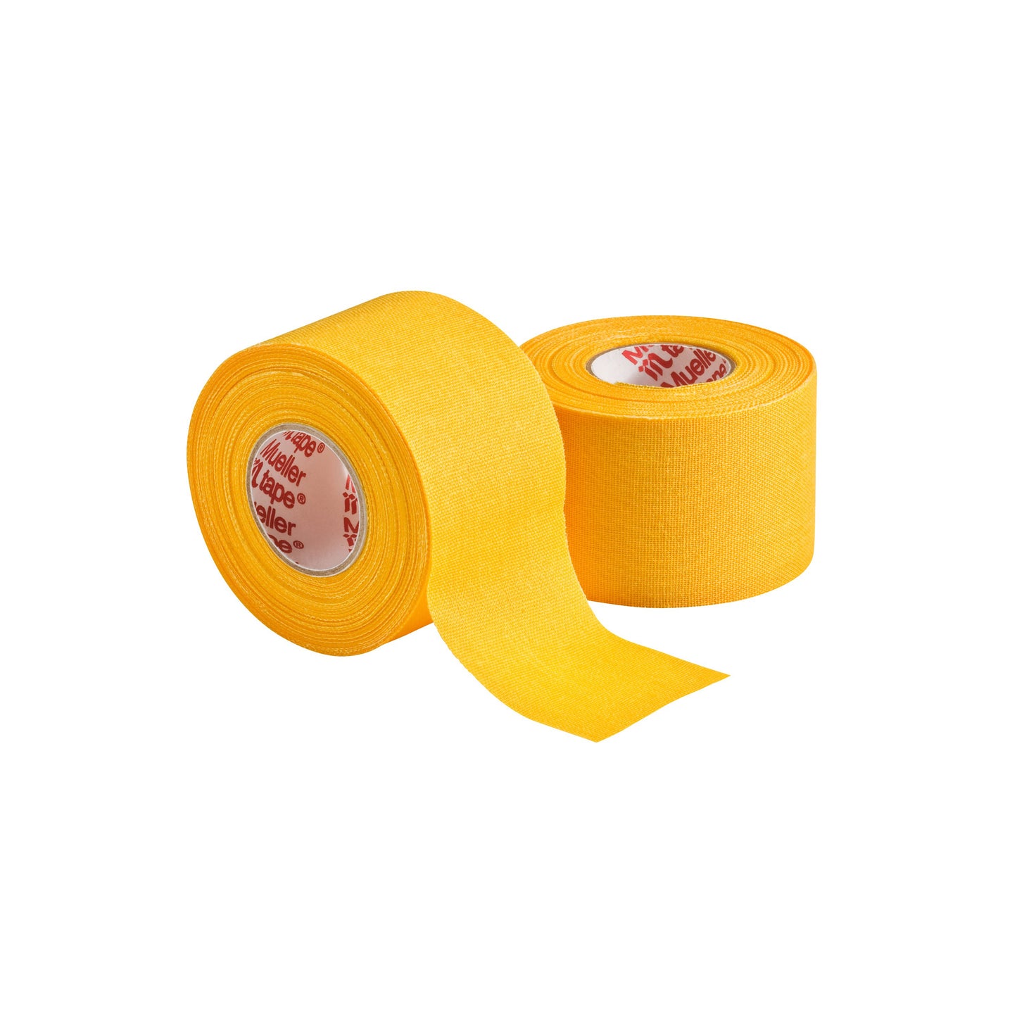Two rolls of Mueller M Tape Athletic Tape by Mueller are displayed on a white background, one upright and the other partially unrolled with the end of the tape extended forward.