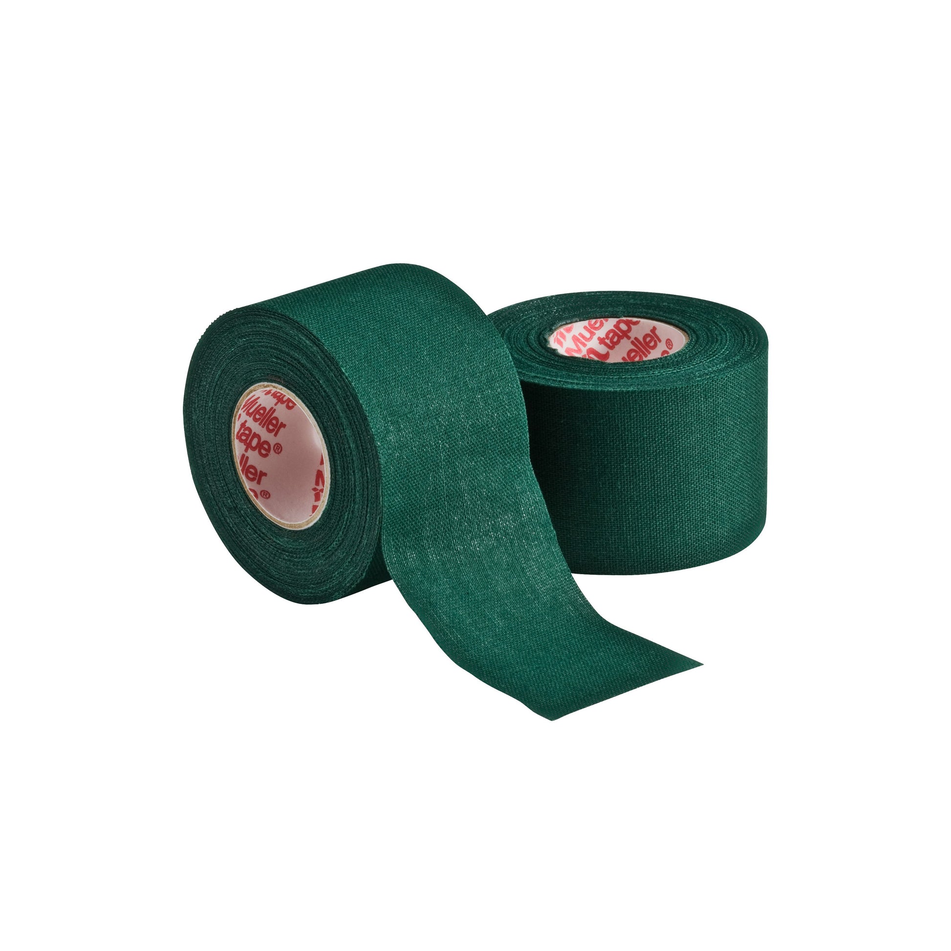 Two rolls of Mueller M Tape Athletic Tape (MTAPE) by Mueller, with durable cotton backcloth in dark green—one upright, one unrolled—displayed on white background; a versatile choice for sports medicine and injury prevention.