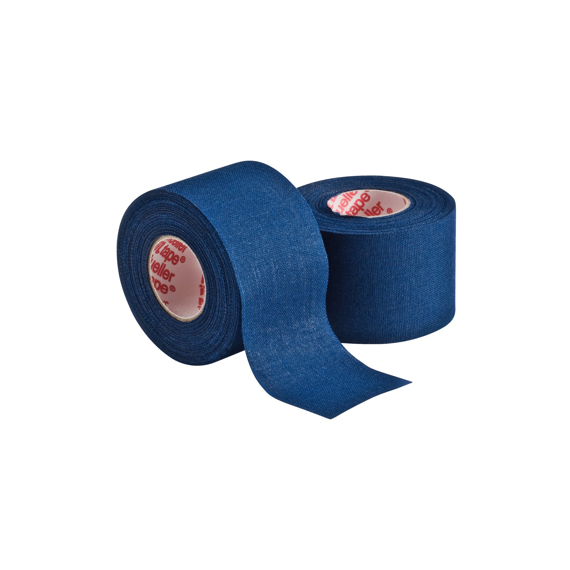 Two rolls of Mueller M Tape Athletic Tape (MTAPE) by Mueller, made with cotton backcloth in blue. One stands upright and one lies on its side with the end slightly unrolled; both have white cores with red text—ideal for sports medicine.