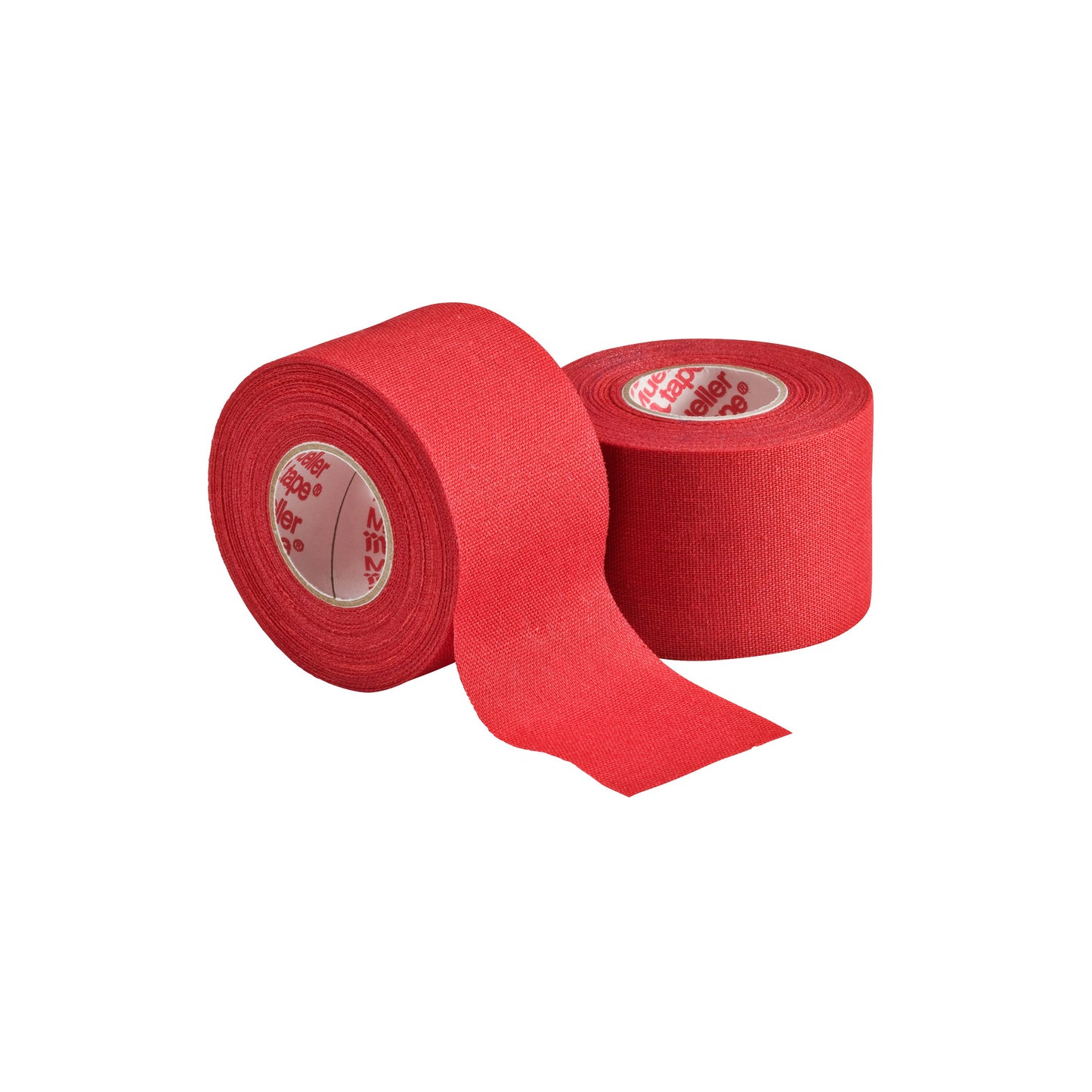 Two rolls of Mueller M Tape Athletic Tape by Mueller, made with cotton backcloth—one upright, one on its side with a strip partially unrolled—are shown against a white background.