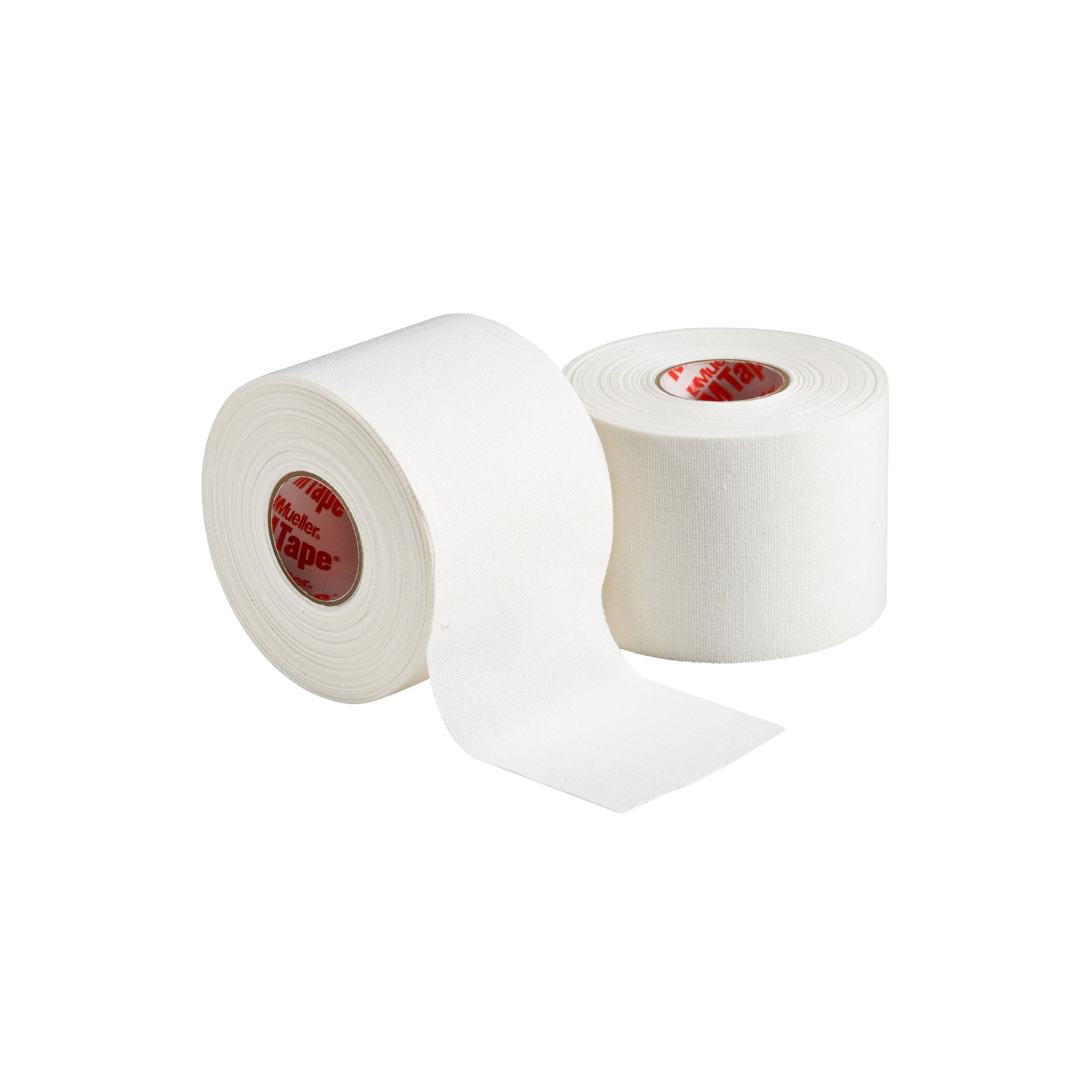 Two rolls of Mueller M Tape Athletic Tape (Mueller brand) on a white background: one upright with tape unrolled, the other on its side. Both display red labels inside their cores. Made with durable cotton backcloth for sports medicine use.