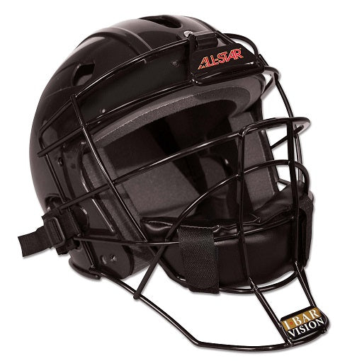 The All Star League Series T-Ball Catcher's Kit (CKCCTBALL) features a black helmet with protective faceguard, foam padding, adjustable straps, chest protector compatibility, and ALL-STAR/I-BAR VISION logos—ideal for T-Ball catchers.