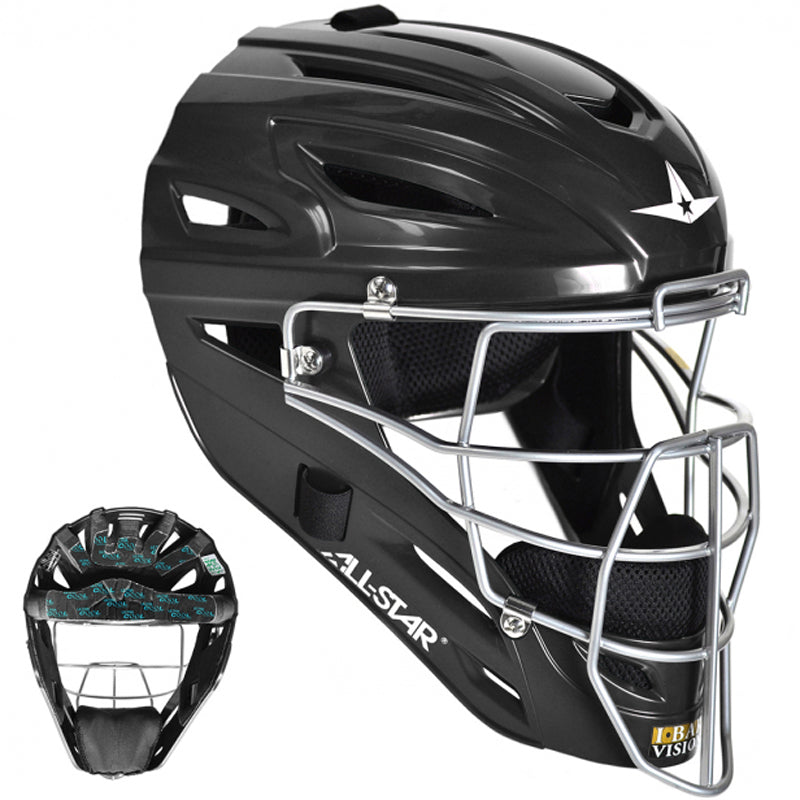 The All Star UltraCool Hockey Style Catcher's Helmet (MVP2400/MVP2410) features a black finish, metal face guard, ventilation slots, star logo, and a teal-patterned padded interior—ideal high school catcher gear.