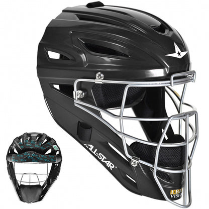 The All Star UltraCool Hockey Style Catcher's Helmet (MVP2400/MVP2410) features a black finish, metal face guard, ventilation slots, star logo, and a teal-patterned padded interior—ideal high school catcher gear.