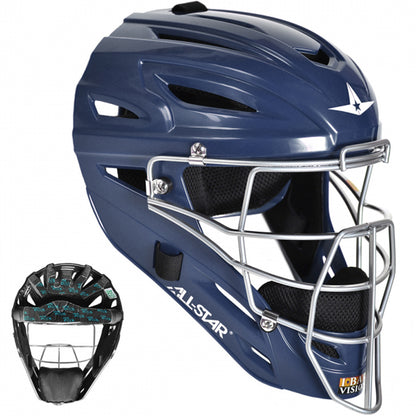 The All Star UltraCool Hockey Style Catcher's Helmet (MVP2400 / MVP2410) features a blue shell, silver metal face guard, side vents, and black interior with teal padding—ideal high school catcher gear for top protection and comfort.