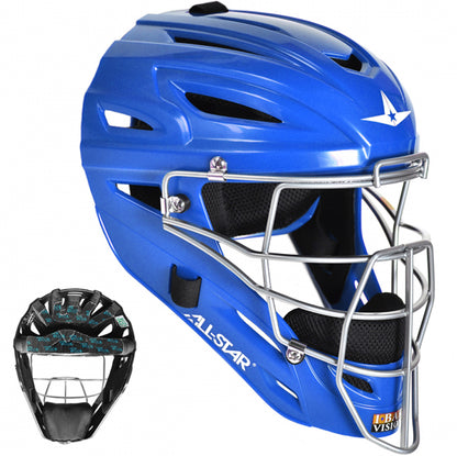 The All Star UltraCool Hockey Style Catcher's Helmet (MVP2400/MVP2410) features a blue shell, silver metal faceguard, side vents, white star logo, and black/teal padding for comfort—ideal catcher gear for high school players.