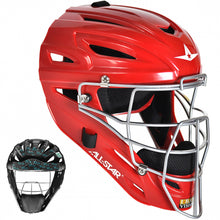 A red All Star UltraCool Hockey Style Catcher's Helmet (MVP2400 / MVP2410) features a silver metal face guard and padded black/blue interior, shown in side view and inset—perfect as high school catcher gear.