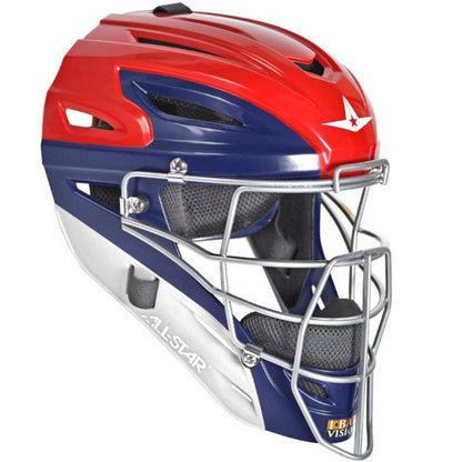 The All Star System7 Axis MVP2500/MVP2510 catcher's helmet features red, blue, and white colors, a metal face cage, ventilation holes, the All Star logo, and a star emblem—perfect for youth catcher gear collections.