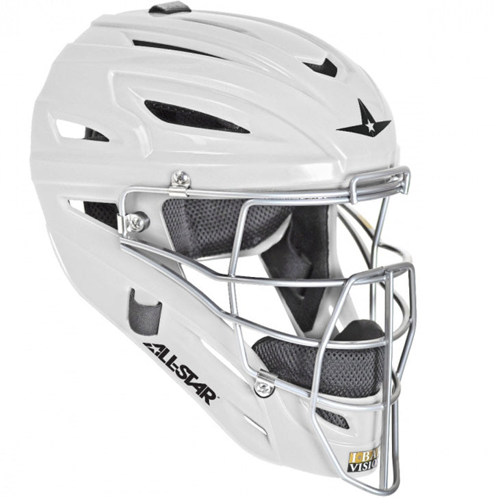 The All Star System7 MVP2500 catcher's helmet is white with a silver metal face guard, black padding, ventilation slits, and the All-Star logo on the side. This hockey-style helmet offers high impact resistance.