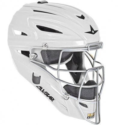 The All Star System7 MVP2500 catcher's helmet is white with a silver metal face guard, black padding, ventilation slits, and the All-Star logo on the side. This hockey-style helmet offers high impact resistance.