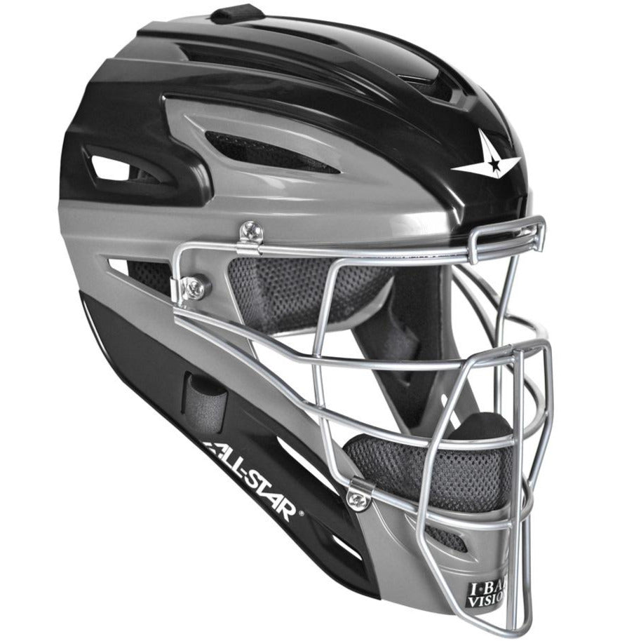 The All Star System7 Axis Hockey Style Catcher's Helmet (MVP2500 / MVP2510) features a black and gray design, metal face guard with I-BAR VISION, ventilation slots, padded interior, and All Star logo—perfect for youth catchers.