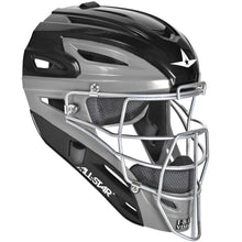 The All Star System7 Axis Hockey Style Catcher's Helmet (MVP2500 / MVP2510) features a black and gray design, metal face guard with I-BAR VISION, ventilation slots, padded interior, and All Star logo—perfect for youth catchers.