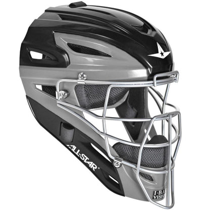 The All Star System7 Axis Hockey Style Catcher's Helmet (MVP2500 / MVP2510) features a black and gray design, metal face guard with I-BAR VISION, ventilation slots, padded interior, and All Star logo—perfect for youth catchers.