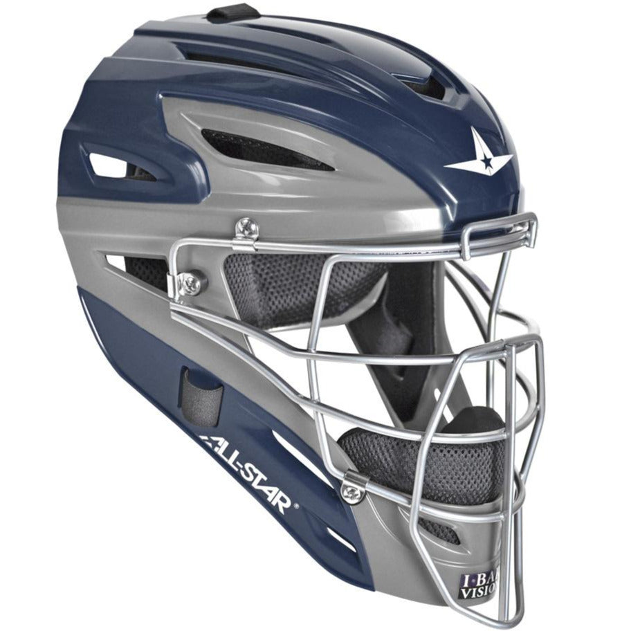 The All Star System7 Axis Hockey Style Catcher's Helmet (MVP2500/MVP2510) features a navy blue and gray shell, silver face guard, black padding, ventilation holes, and the All Star logo—ideal youth catcher gear.