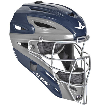 The All Star System7 Axis Hockey Style Catcher's Helmet (MVP2500/MVP2510) features a navy blue and gray shell, silver face guard, black padding, ventilation holes, and the All Star logo—ideal youth catcher gear.