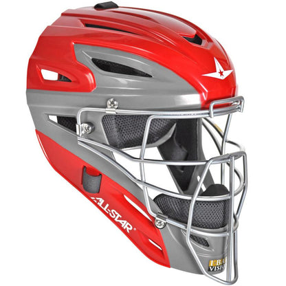 The All Star System7 Axis Hockey Style Catcher's Helmet (MVP2500/MVP2510) features a red and gray design, metal face guard, ventilation holes, padded interior, white star logo on the front, and ALL-STAR branding—perfect for youth catchers.