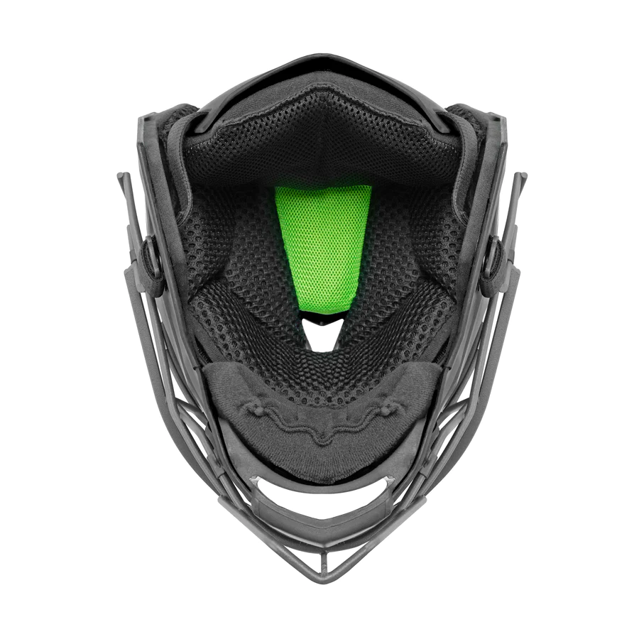 A top-down view of the All Star MVP Pro Hockey Style Catcher's Helmet (MVP5) by All Star, showing soft interior padding, a bright green mesh center, and a sturdy gray frame with face guard—essential catcher's gear.