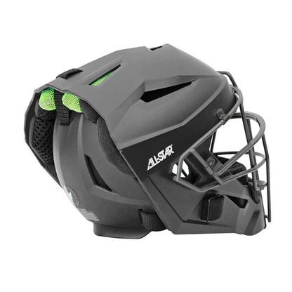 A side view of the All Star MVP Pro Hockey Style Catcher's Helmet: MVP5, featuring a black finish, metal faceguard, and green ventilation padding, is shown against a white background to showcase premium All Star gear.