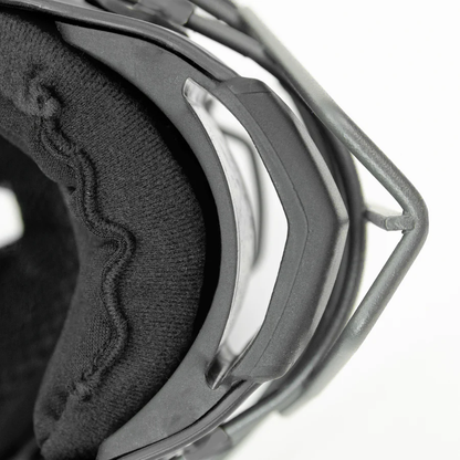 A close-up of black goggles, resembling the protective design of the All Star MVP Pro Hockey Style Catcher's Helmet: MVP5 by All Star.
