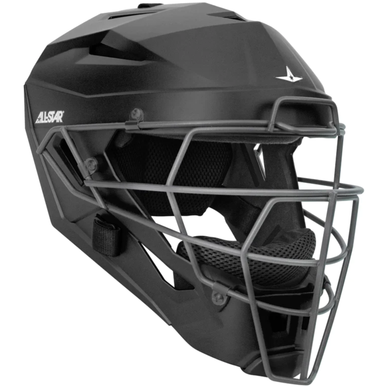 The All Star MVP Pro Hockey Style Catcher's Helmet: MVP5 features a black design with a gray metal faceguard and vents, offering essential head and face protection for baseball or softball catchers.