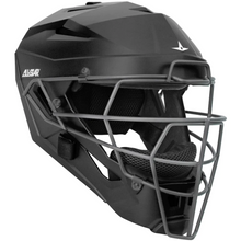 The All Star MVP Pro Hockey Style Catcher's Helmet: MVP5 features a black design with a gray metal faceguard and vents, offering essential head and face protection for baseball or softball catchers.