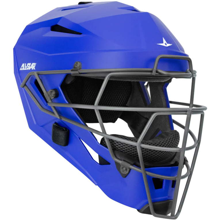 The All Star MVP Pro Hockey Style Catcher's Helmet (MVP5) features a blue shell, black metal faceguard, interior padding, and the All Star logo—an essential piece of catcher’s gear.