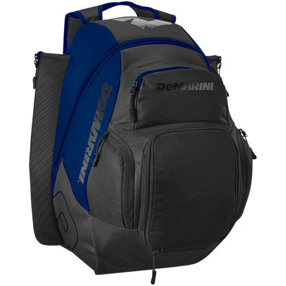 The DeMarini Voodoo OG Backpack: WB57117 features black and blue styling, multiple zippered compartments, side pockets, and padded shoulder straps—ideal for carrying baseball equipment.