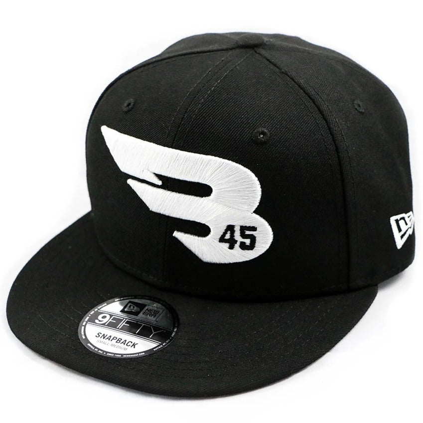 The B45 Black 9FIFTY New Era Snapback Hat features a bold white B45 embroidered logo with the number 45 on the front, plus the New Era logo on the side for standout style and comfort.