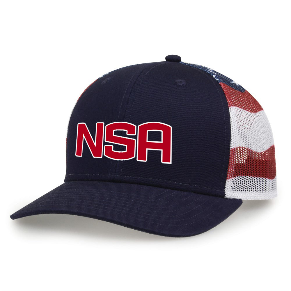 Show your support for the National Softball Association with the Game Headwear NSA Classic Series USA Flag Snapback Hat (GB452US) featuring a navy design, bold red NSA logo, and mesh back with American flag snapback style.