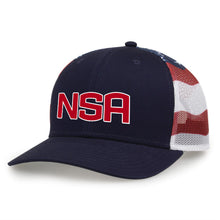 Show your support for the National Softball Association with the Game Headwear NSA Classic Series USA Flag Snapback Hat (GB452US) featuring a navy design, bold red NSA logo, and mesh back with American flag snapback style.