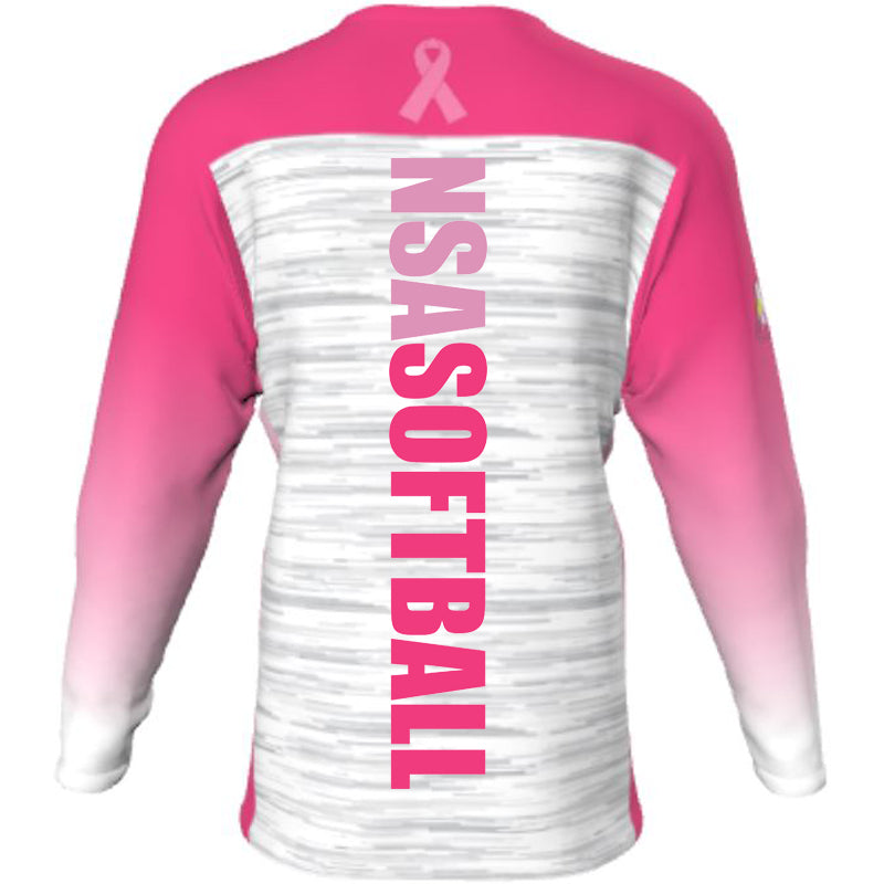 Show your support with the DSG Apparel National Softball Association NSA Breast Cancer Awareness Sublimated Long Sleeve Shirt, featuring pink and white colors and full dye sublimation.