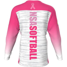 Show your support with the DSG Apparel National Softball Association NSA Breast Cancer Awareness Sublimated Long Sleeve Shirt, featuring pink and white colors and full dye sublimation.