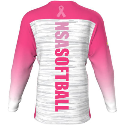 Show your support with the DSG Apparel National Softball Association NSA Breast Cancer Awareness Sublimated Long Sleeve Shirt, featuring pink and white colors and full dye sublimation.