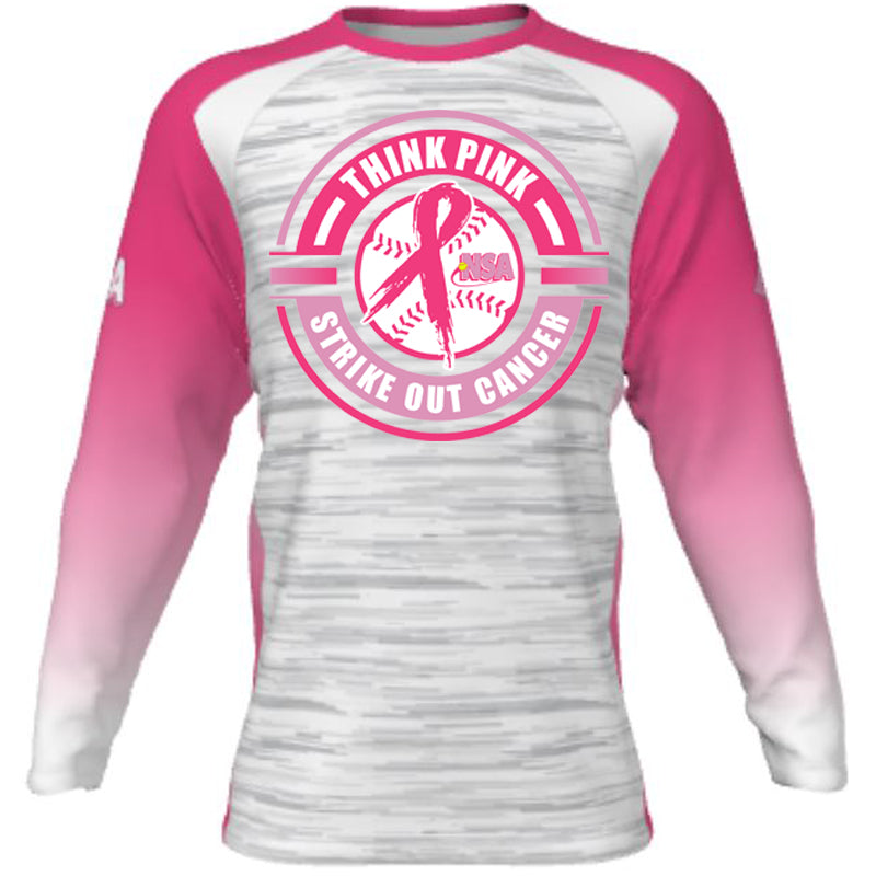 The DSG Apparel National Softball Association NSA Breast Cancer Awareness Sublimated Long Sleeve Shirt features a white and gray body, pink sleeves, and a THINK PINK STRIKE OUT CANCER logo with a pink ribbon and softball bat.