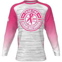 The DSG Apparel National Softball Association NSA Breast Cancer Awareness Sublimated Long Sleeve Shirt features a white and gray body, pink sleeves, and a THINK PINK STRIKE OUT CANCER logo with a pink ribbon and softball bat.