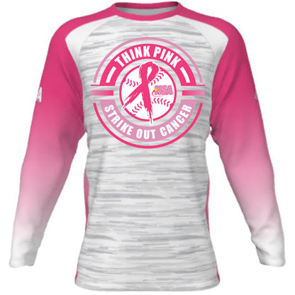 The DSG Apparel National Softball Association NSA Breast Cancer Awareness Sublimated Long Sleeve Shirt features a white and gray body, pink sleeves, and a THINK PINK STRIKE OUT CANCER logo with a pink ribbon and softball bat.