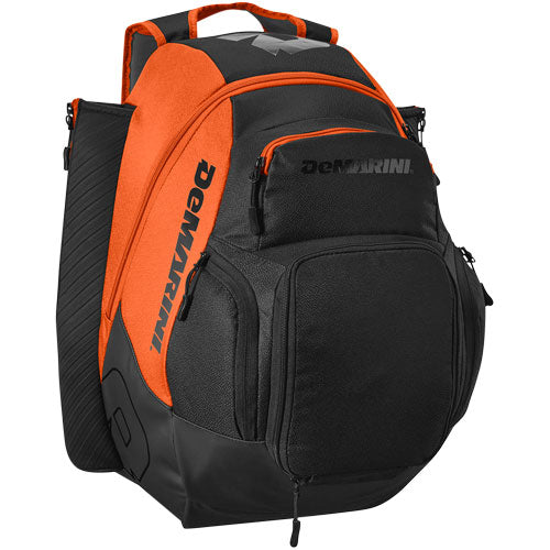 The DeMarini Voodoo OG Backpack: WB57117, in black and orange, features multiple zippered compartments and side pockets—perfect for carrying your baseball or softball gear.