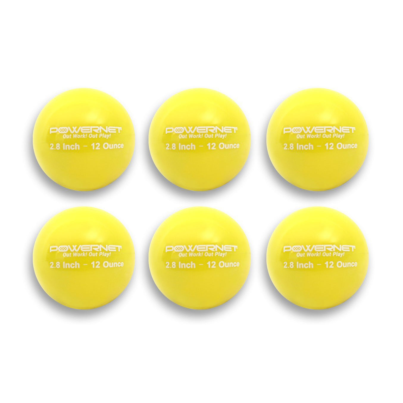 Six PowerNet 2.8" Weighted Hitting and Batting Training Balls (12 oz), arranged in two rows of three, each featuring the PowerNet logo and "Get Wired. Get Play!" slogan—ideal for strength training drills.